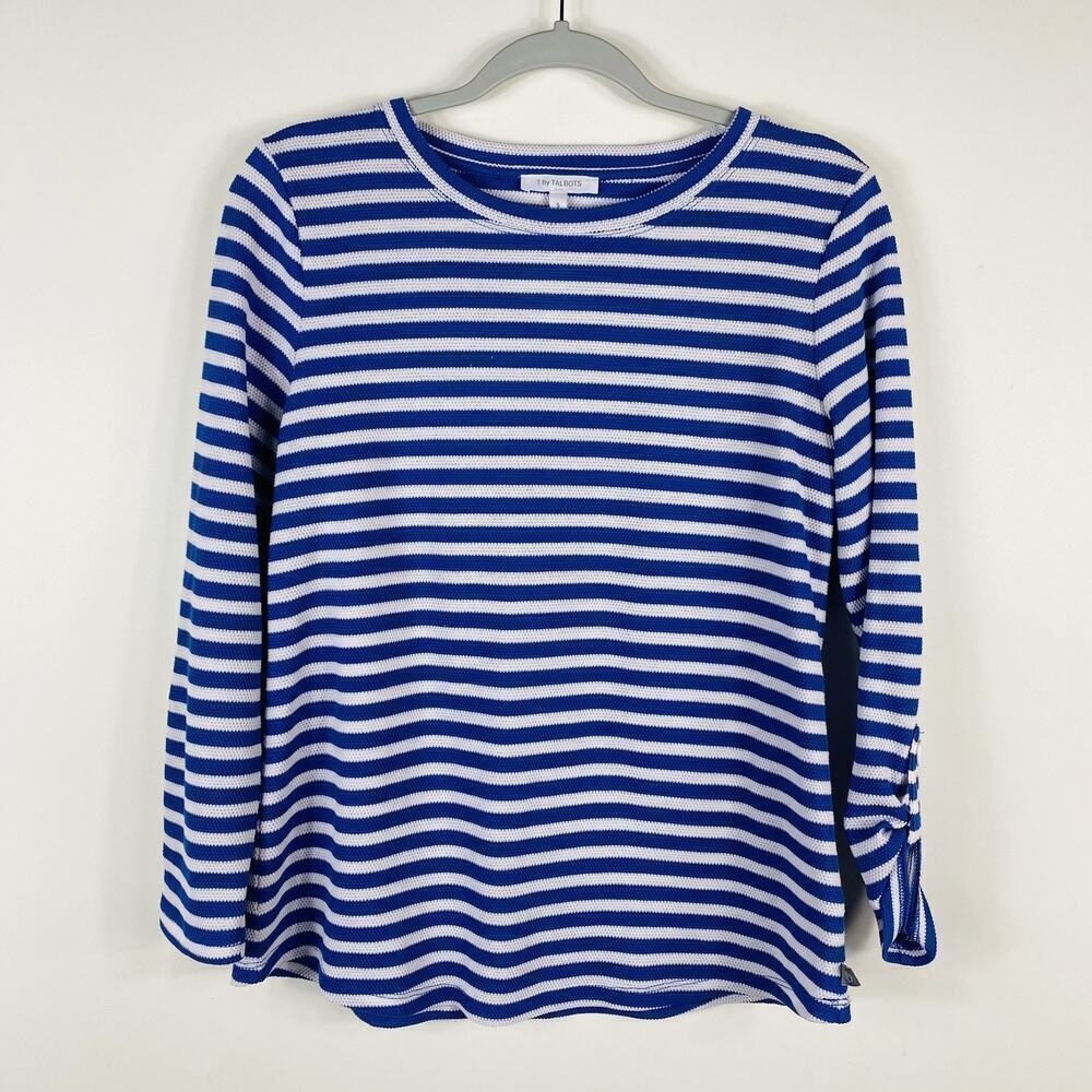 T By Talbots Size Small Striped Textured Keyhole Back Roll Tab Sleeve Top Blue